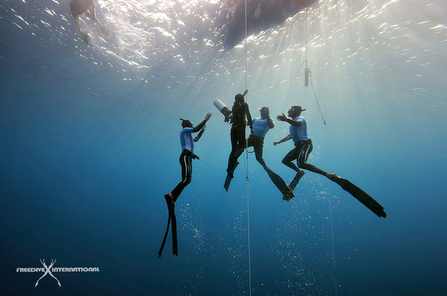 3 divers providing safety in freediving